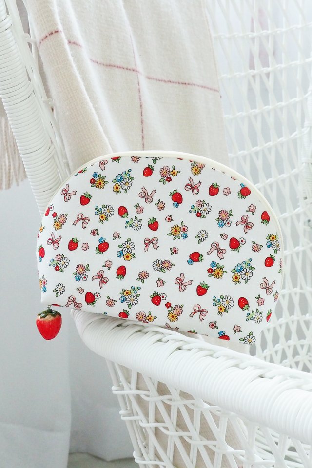 Half Moon Pouch in White Strawberries & Flowers