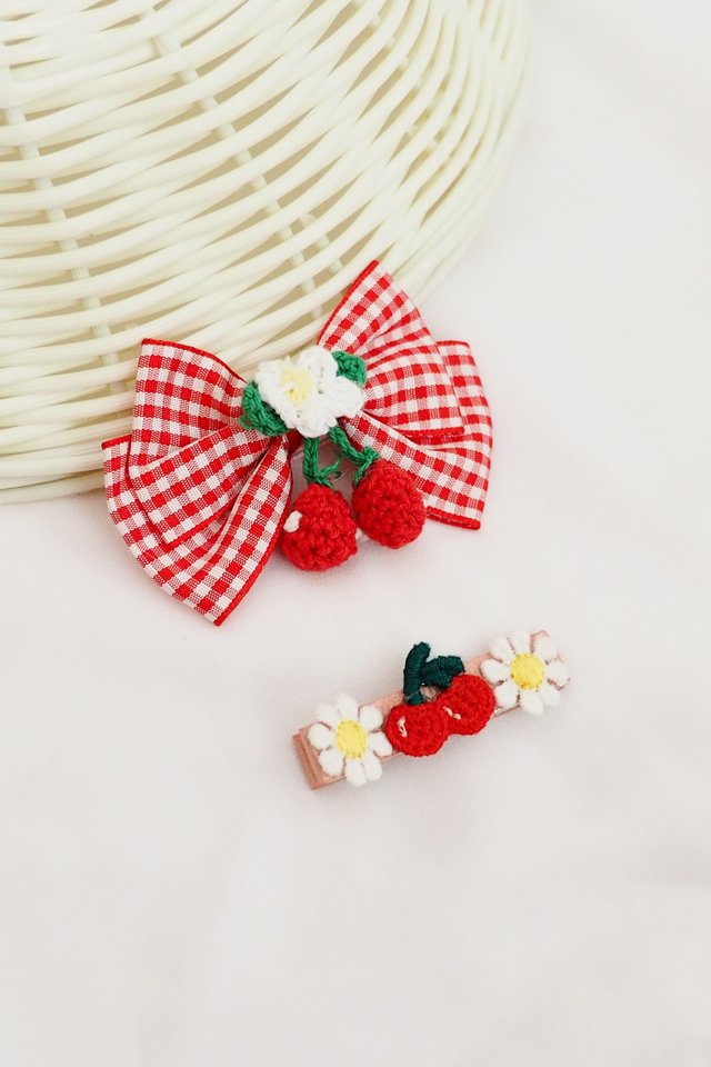 Daisies & Cherries Gingham Bow Clip Set