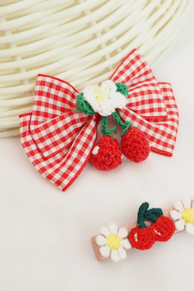 Daisies & Cherries Gingham Bow Clip Set