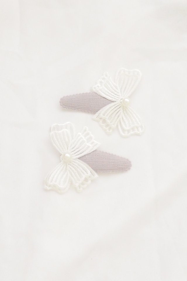 Lace Bow Hair Clip Set in Grey