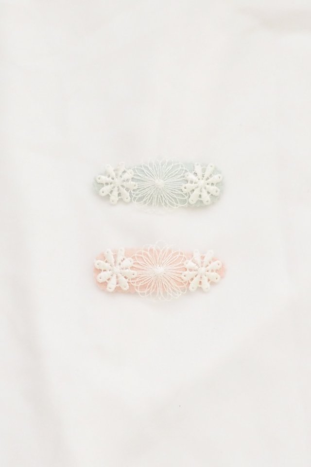 Lace Flower Clip Set in Mint + Baby Pink