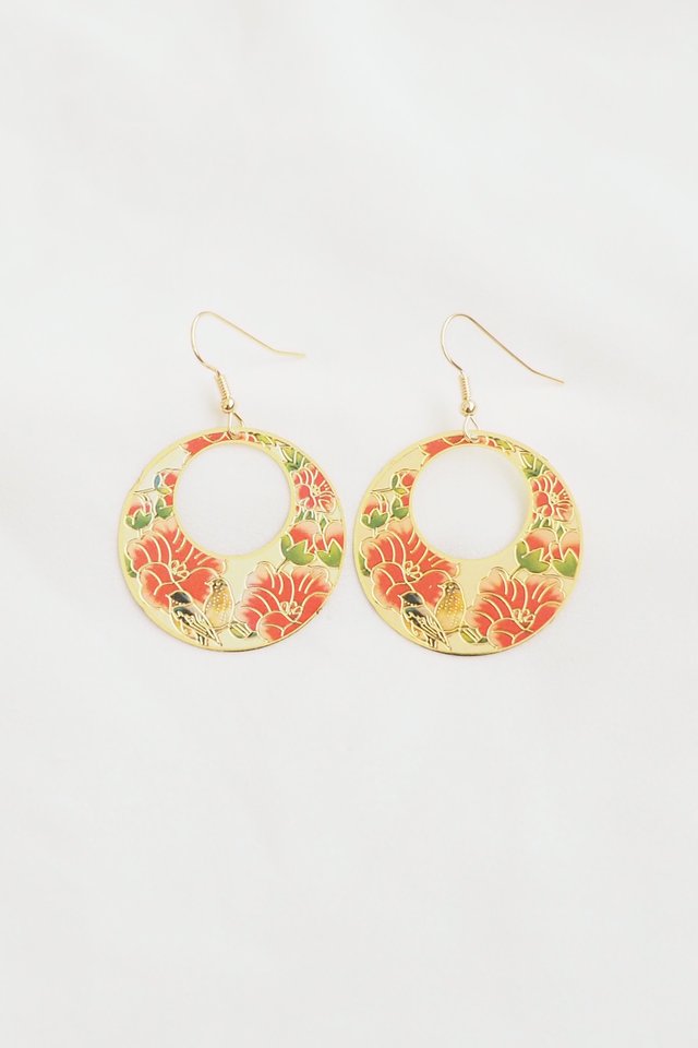 Round Oriental Earrings in Plum Blossoms