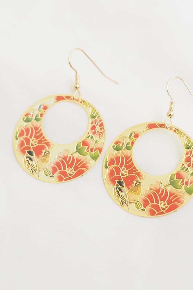 Round Oriental Earrings in Plum Blossoms