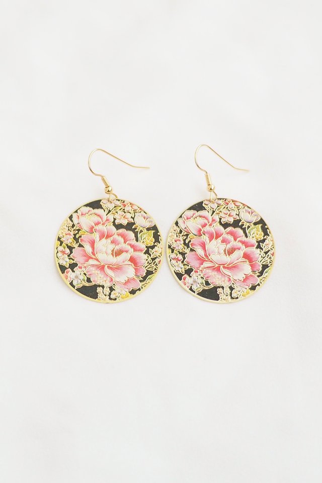 Round Oriental Earrings in Pink Peonies