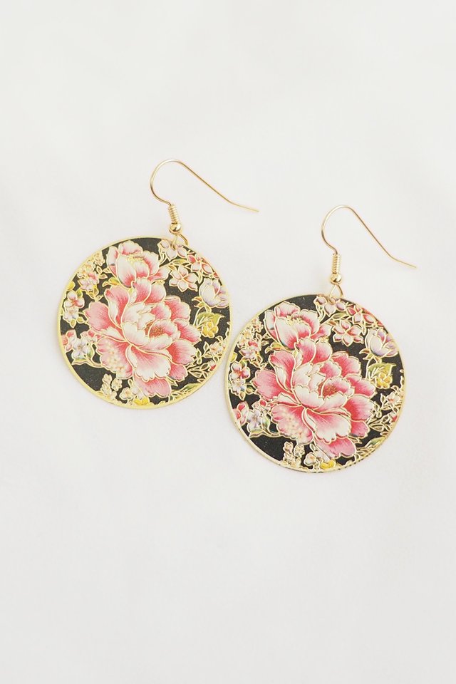 Round Oriental Earrings in Pink Peonies