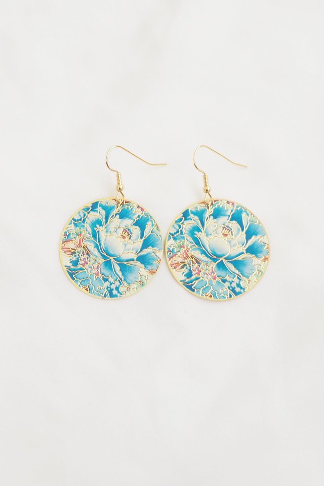 Round Oriental Earrings in Blue Peonies